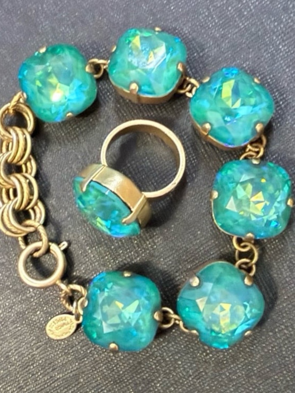 Catherine Popesco Teal Green Crystal Bracelet and Ring Set